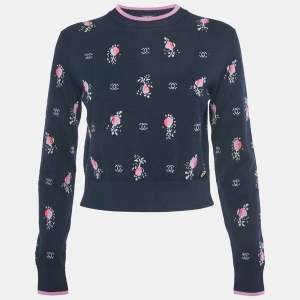 مملوكة مسبقًا سترة شانيل كشمير بنمط أزرق بحري مقاس صغير