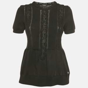 مملوكة مسبقًا Chanel Black Cotton Knit Short Sleeve Top L