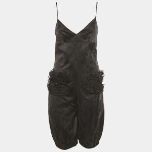 Pre Owned جمبسوت شانيل حريري بمزيج الزهور السوداء مقاس صغير - سمول