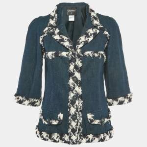 Pre Owned جاكيت شانيل من الدنيم الأزرق الداكن بحافة خام مقاس متوسط