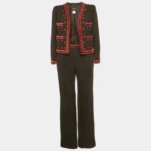 Pre Owned طقم جاكيت وبنطلون شانيل فينتدج بني بملمس مغاير أمامي مفتوح مقاس متوسط