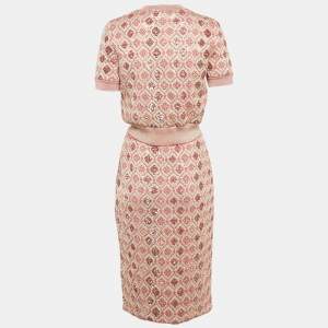 Pre Owned Chanel Pink Sequin Embellished Lurex Knit Skirt Set M