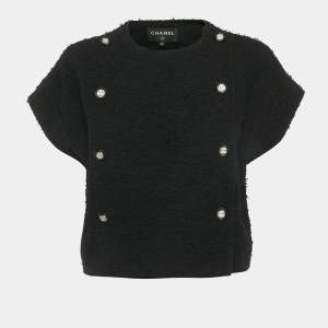 Pre Owned جاكيت شانيل أسود تويد مع طبقة خارجية بأكمام قصيرة مقاس متوسط ( ميديم )