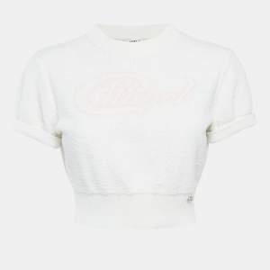 Pre Owned توب شانيل قصير تيري أبيض بشعار منسوج مقاس وسط