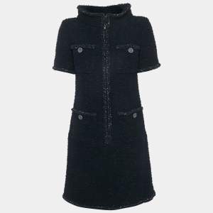 Pre Owned Chanel Blue Tweed Zip-Up Mini Dress S