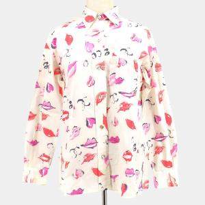 Pre Owned Chanel Lips Pattern Front Opening Long Sleeve Top Shirt White Cotton Size M