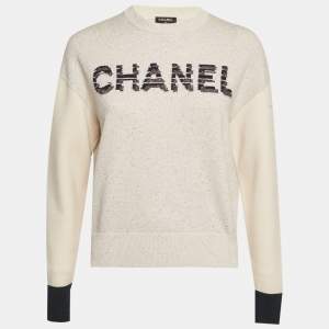 مملوكة مسبقًا Chanel Beige Logo Intarsia Lurex Knit Sweatshirt S