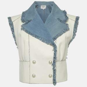 Pre Owned Chanel White/Blue Leather and Denim Double Breasted Vest M