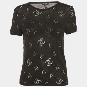 مملوكة مسبقًا Chanel Black CC Logo Embroidered Eyelet Cotton Blend Short Sleeve T-Shirt S