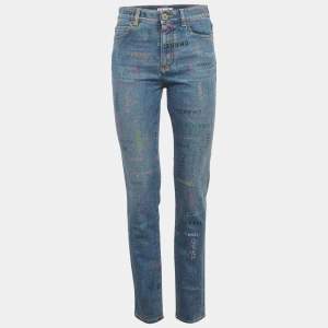 Pre Owned بنطلون جينز 22P بقصة ضيقة مطبوع دِنِم متعدد الألوان/أزرق من شانيل مقاس وسط 28 بوصة مقاس متوسط