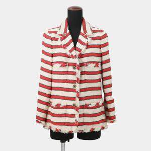 Pre Owned Chanel Striped Tweed Jacket Size 42 Ivory/Red/Brown 