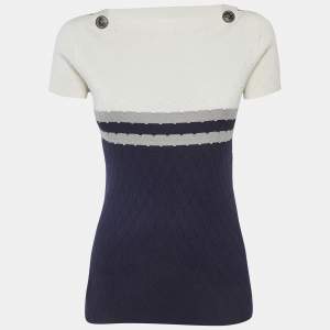 Pre Owned Chanel White/Blue Textured Knit Top M