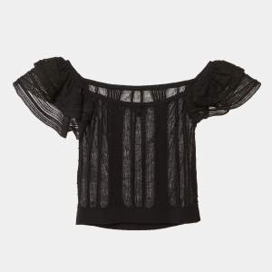 Pre Owned Chanel Black Cotton Knit Ruffle Off Shoulder Top S
