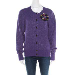 Chanel Purple Lurex Knit Cashmere Embellished Button Cardigan L