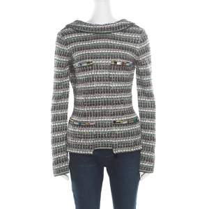 Chanel Monochrome Silk Blend Crystal Embellished Plunge Back Tweed Blazer S