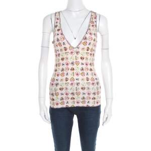 Chanel Pink Heart Printed Ribbed Tank Top M