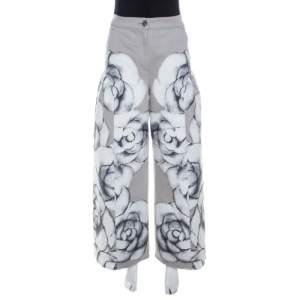 Chanel Grey Camellia Painted Denim High Waist Flared Jeans M 