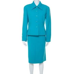 Chanel Boutique Light Blue Crepe Wool Tailored Skirt Suit L