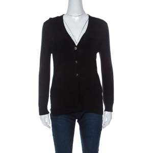 Chanel Black Knit Cotton Blend Embellished Button Cardigan M 
