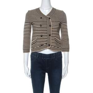 Chanel Black and Beige Striped Pattern Crochet Knit Silk Blend Cardigan S