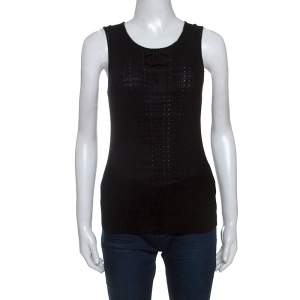 Chanel Black Knit Cotton Blend Crochet Trim Sleeveless Top L