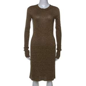 Chanel Metallic Gold Rib Knit Long Sleeve Sweater Dress S