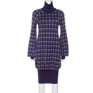 Chanel Purple Lurex Knit Geometric Pattern Sweater Dress S
