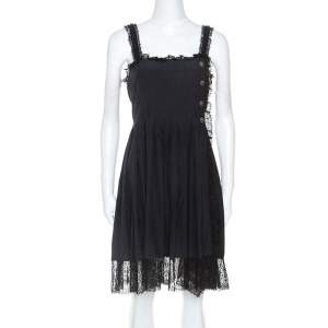 Chanel Black Silk Lace Trim Detail Pleated Dress M