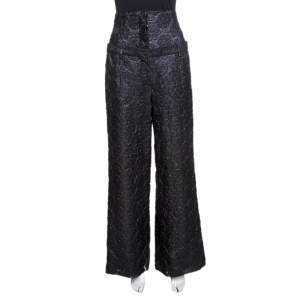 Chanel Black Floral Jacquard Metallic Weave Detail High Waisted Trousers L