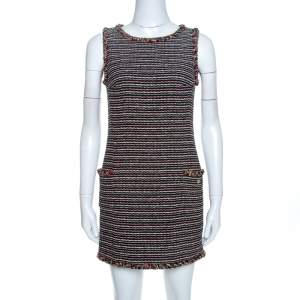Chanel Black Striped Tweed Wool Mini Dress S