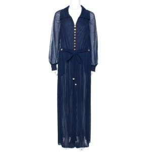 Pre Owned Chanel Navy Blue Plisse Silk Button Detail Belted Jumpsuit M