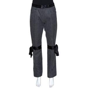 Chanel Grey Stretch Cotton Ribbon Detail Straight Fit Trousers L