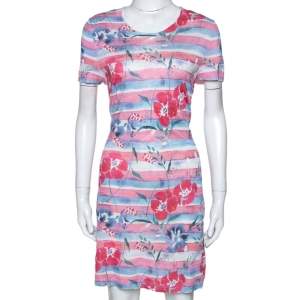 Chanel Pink Striped Floral Print Knit Shift Dress L