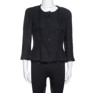 Chanel Black Silk & Cotton Fringed Button Front Jacket L