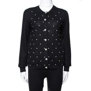  Chanel Black Bead Embellished Mohair Button Front Cardigan M