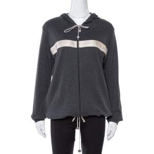 Pre Owned Chanel Dark Grey Cotton & Cashmere Logo Band Detail Hoodie XL