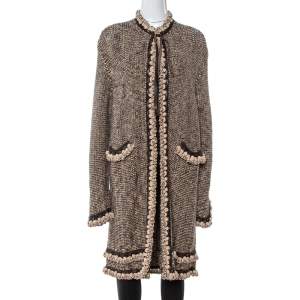 Chanel Vintage Brown Tweed Braided Trim Tie Neck Coat L