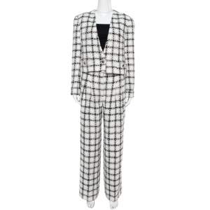 Chanel White Checked Tweed Wide Leg Trouser Suit M
