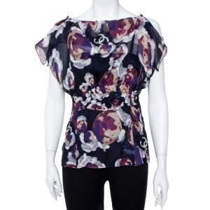 Chanel Navy Blue Camellia Print Silk Smocked Sheer Blouse L