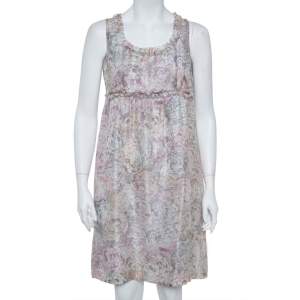 Chanel Pale Grey Floral Print Silk Sleeveless Dress L