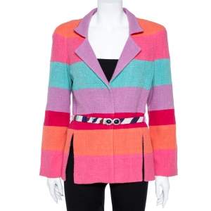 Chanel Multicolor Stripe Cotton Tweed Belted Blazer L