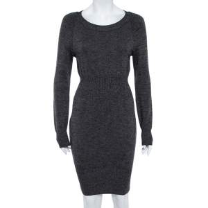 Chanel Black Wool Knit Ribbed Waist Long Sleeve Dress S