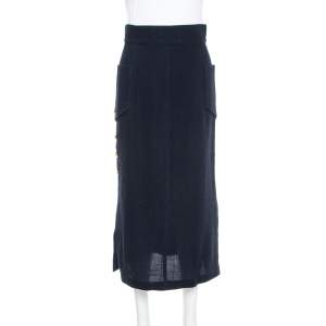 Chanel Vintage Navy Blue Wool Midi Skirt M
