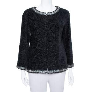 Chanel Black Textured Silk Embellished Detail Zip Front Jacket M
