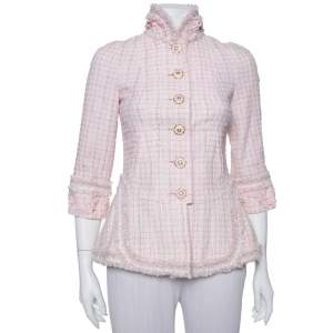 Chanel Baby Pink Tweed Stand Collar Fringed Jacket S
