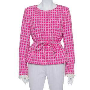 Chanel Pink Tweed Lace Trim Detail Belted Jacket XL 