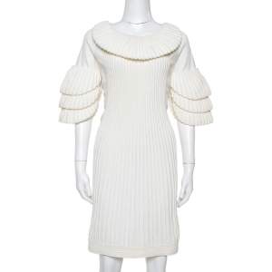 Chanel Cream Rib Knit Tiered Sleeve Detail Short Dress L
