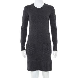 Chanel Dark Grey Cashmere Quilted Pocket & Hem Detail Shift Dress S