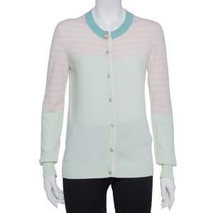 Chanel Green & Pink Cashmere Heart Button Detail Cardigan M