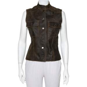 Chanel Vintage Dark Brown Leather Button Front Distressed Vest M